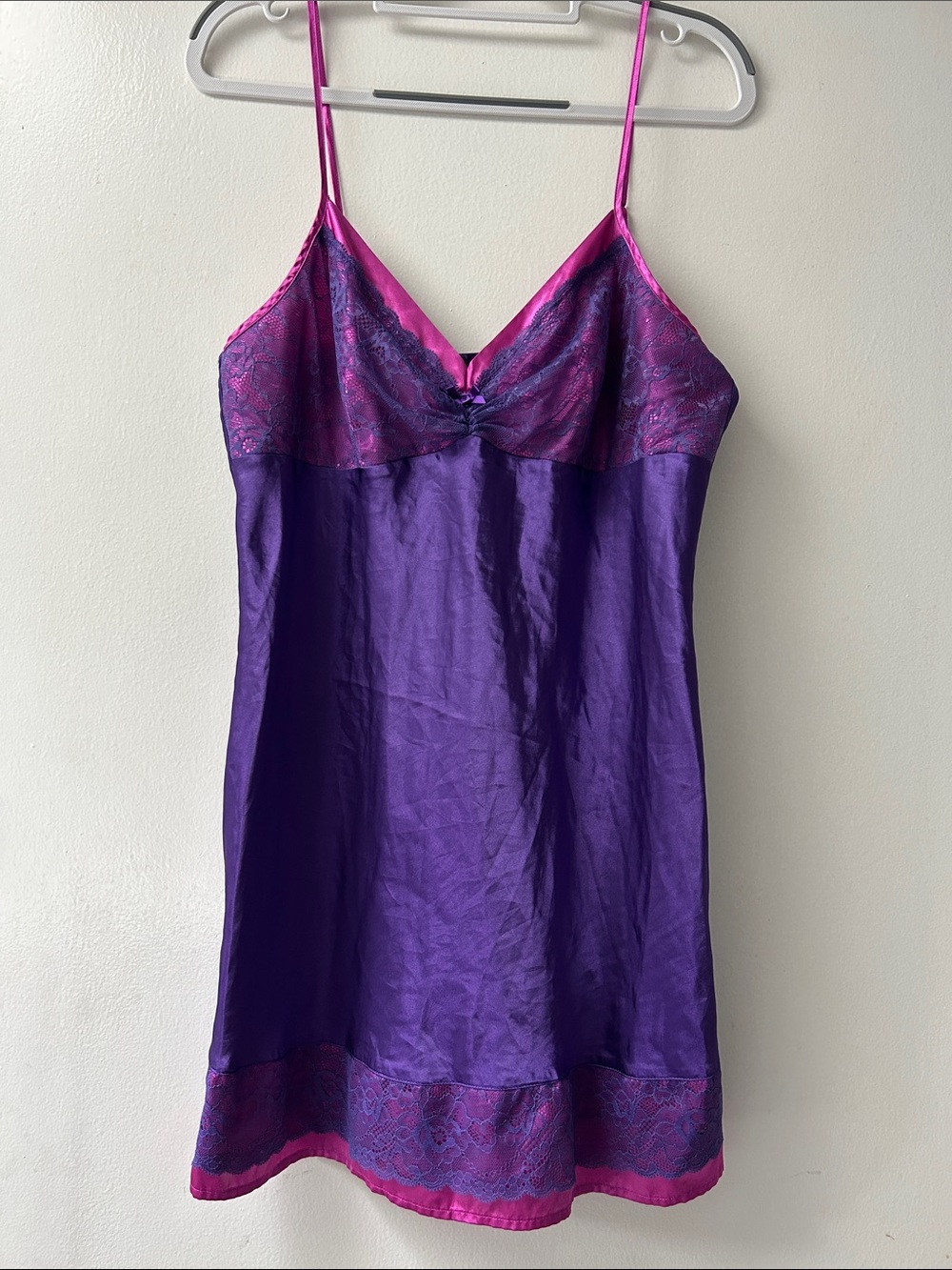 Morgan Taylor Purple Satin Slip with Pink Lace Accents